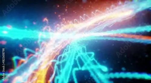 A mesmerizing dance of energy streams, intertwining and pulsating with vibrant colors in a display of dynamic motion, signifying the powerful currents of technology.