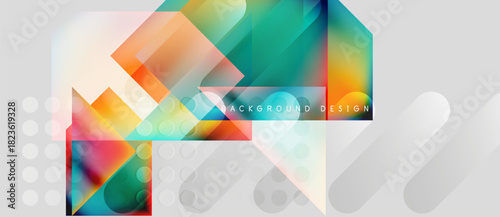 Abstract geometric shapes, vibrant colors, layered design. Modern background with gradients, circles, transparency. Minimalist composition.