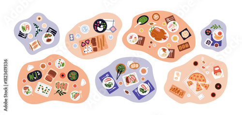 Food on tables. Assorted shared meal sets. Dishes, snacks and drinks served, top above view. Pizza, turkey, salad, fruit, meat on plates. Flat vector illustrations isolated on white background