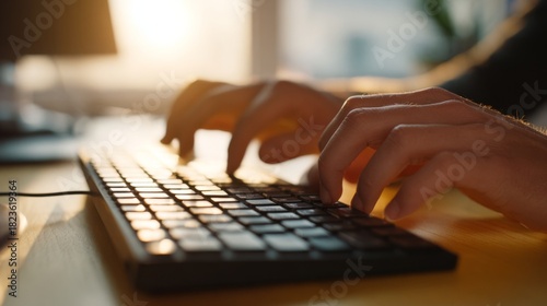 Close-up of hands typing on a keyboard, illuminated by warm sunlight streaming through a window.