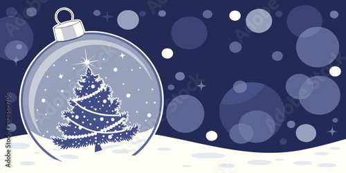 Dark blue night scene with a glowing ornament containing a decorated Christmas tree, surrounded by stars and snow.