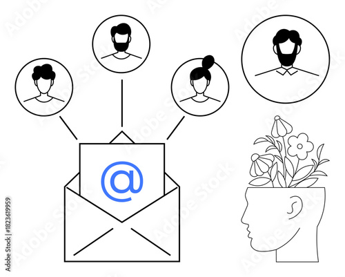 Envelope with at sign connecting team portraits, symbolizing communication. Head with blooming flowers representing idea sharing, creativity. Ideal for teamwork, networking, growth, innovation