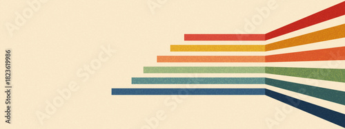 Retro line abstract background with rainbow perspective stripes on vintage beige. Geometric 70s bands, ribbons in groovy color palette create dimensional path effect. Vector parallel waves