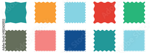 Color rectangle frames with wiggly borders.  Vector colorful wave square  set.  Set of rectangle shape frames with zigzag edge. Frames Scalloped Vector Corrugated Bento Grid Shapes Set.