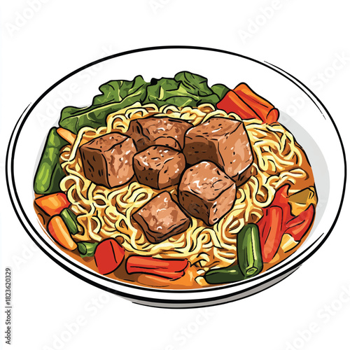  Delicious Bowl of Noodles with Tofu and Vegetables Illustration.