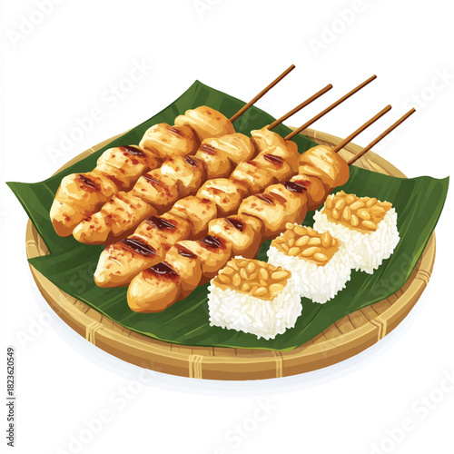 Delicious Chicken Skewers with Sticky Rice on a Banana Leaf Platter.