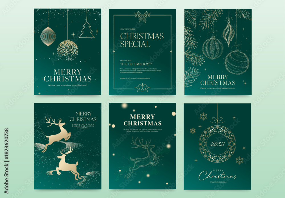 Fototapeta premium Christmas Poster Flyer Template Set in Modern Luxury Style for Flier Invitation & Greetings Card Design, New Years Eve & Holiday Branding