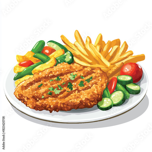 Delicious fried chicken fillet with fries and fresh vegetables on a plate