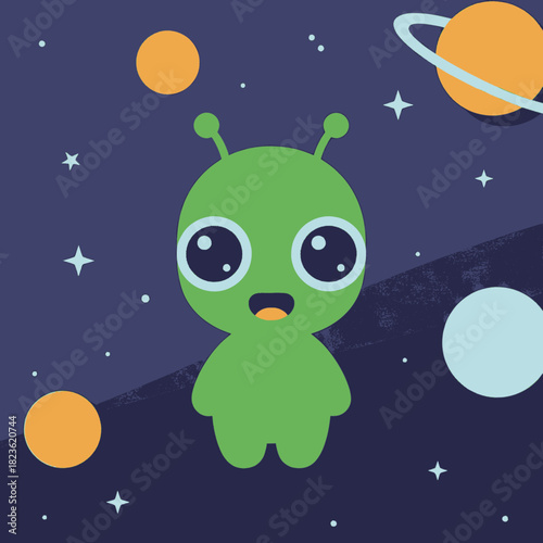 A cute green alien with big eyes and antennae smiling in outer space with planets.
