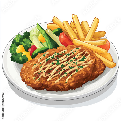  Delicious fried cutlet with french fries and fresh salad on a plate.