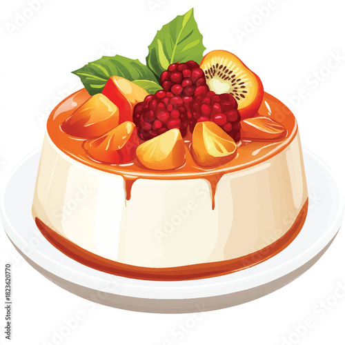 Delicious fruit topped creamy dessert on a white plate.