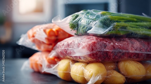 A close-up of stacked freezer bags containing fresh vegetables and meat, highlighting a vibrant mix of colors and textures.