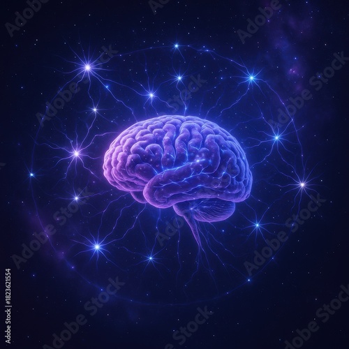 Human Brain in Space with Radiating Neural Galaxy and Glowing Neurons for Sci-Fi and Consciousness Concepts