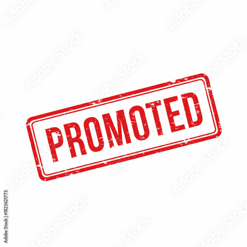 A red rectangular stamp with the word "PROMOTED" in bold white letters, indicating a business achievement or advancement.