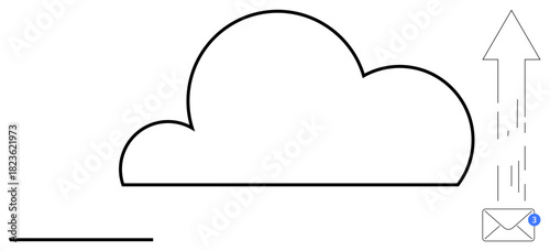 Cloud icon with upward arrow and email envelope illustrating file sharing, data upload, and communication. Ideal for technology, cloud storage, networking, productivity, information, digital media