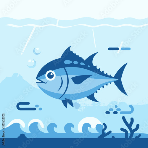 A vibrant blue tuna fish swims gracefully underwater amidst gentle waves and coral.