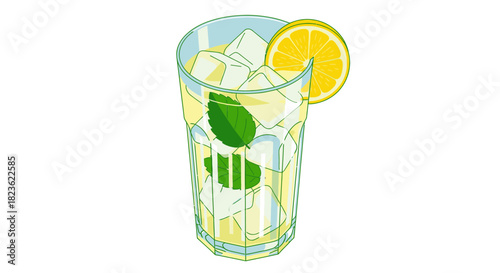 A refreshing glass of iced lemonade or mojito, garnished with a vibrant lemon slice and fresh mint leaves, perfect for summer hydration.