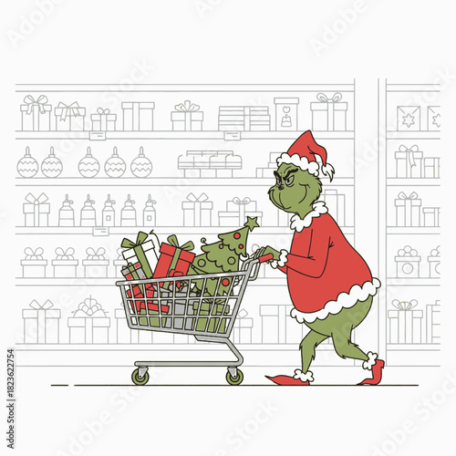 A green cartoon character in a Santa suit pushes a shopping cart full of Christmas presents and decorations.