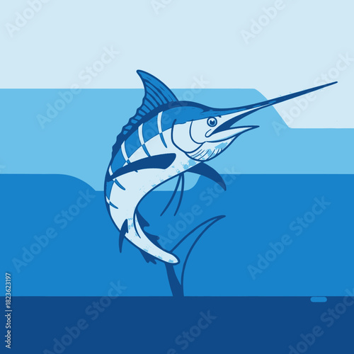 Illustration of a blue marlin fish swimming in the ocean.