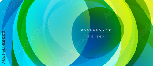Abstract design features vibrant overlapping circles. Colors blend from blue, green, yellow creating dynamic visual effect. Modern, clean aesthetic.