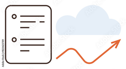 Document listing data paired with a cloud and upward trend arrow. Ideal for cloud storage, data sharing, analytics, growth tracking, technology, business, and innovation themes. Simple flat metaphor