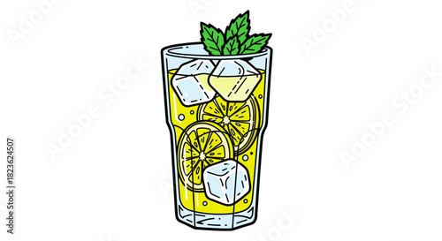 A refreshing glass of homemade lemonade, brimming with ice cubes, fresh lemon slices, and a vibrant mint garnish, perfect for summer hydration.