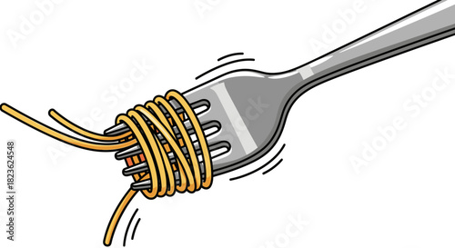 An expertly drawn cartoon showcases a sleek silver fork neatly wrapped with golden spaghetti, representing a classic, comforting, and simple Italian dish.