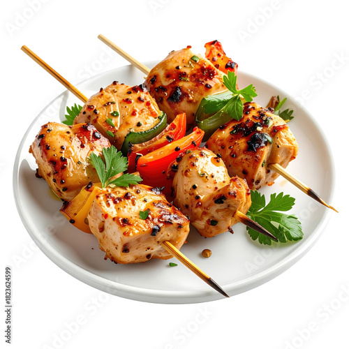 Grilled mini chicken skewers with spices isolated on white background, a protein-packed appetizer for healthy eating sites