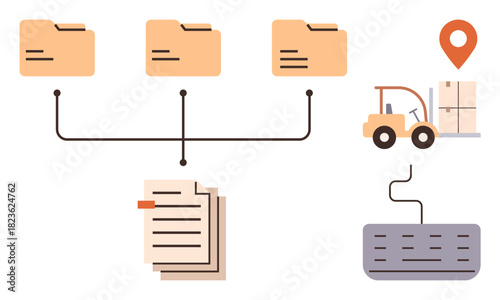 Connected folders, documents, forklift loading boxes, location pin, and keyboard illustrating workflow optimization. Ideal for logistics, inventory, data storage, supply chain organization business
