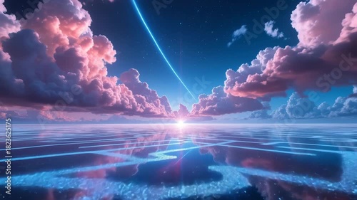 Abstract fantasy landscape with space, sunlight, clouds, and water reflection creating a beautiful, light blue ocean horizon at sunset