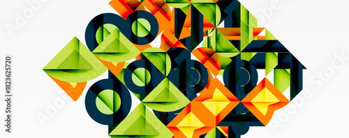 Abstract geometric shapes overlap, creating complex patterns. Vivid colorsgreen, orange, blackdominate composition. Modern design, digital art.