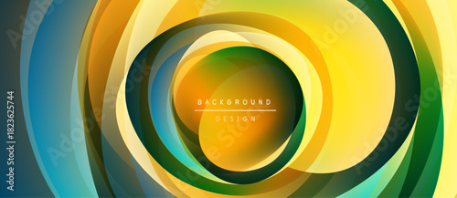 Abstract layers create dynamic visual effect. Vibrant colors blend, forming circular patterns. Modern design suitable for backgrounds.