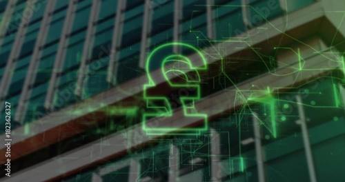 Faint green fragments sparking neon pound forming and pulsing over glass facade to visualize money