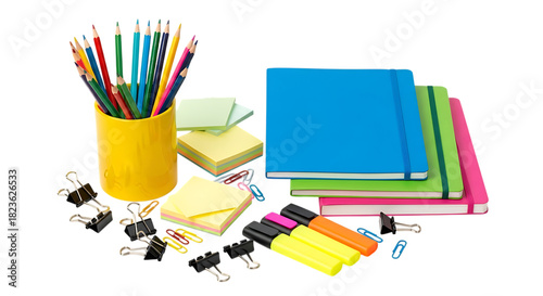 Assortment of Colorful School and Office Supplies on Black Background stationery school supplies isolated on a transparent background