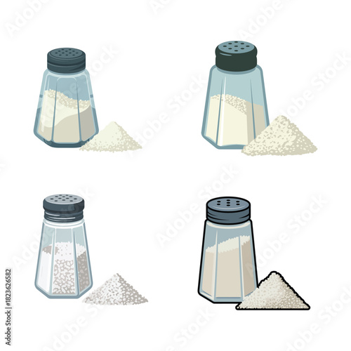 Realistic salt shaker icon with spilled salt granular seasoning artwork