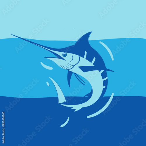 Illustration of a marlin fish swimming in the ocean with stylized waves.