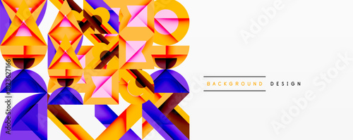 Abstract geometric shapes, vibrant colors, modern design. Composition features layered elements, creating dynamic visual impact.