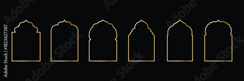 Traditional Islamic window shapes in oriental style. Set of black silhouette Eid Mubarak decorative arches, Moroccan gates or mosque borders. eps 10
