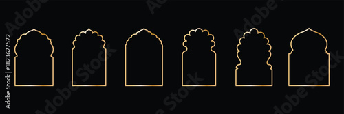 Traditional Islamic window shapes in oriental style. Set of black silhouette Eid Mubarak decorative arches, Moroccan gates or mosque borders. eps 10
