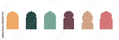Set of Islamic shape window frame in flat style . Collection of oriental style Islamic ramadan kareem and eid mubarak windows and arches with modern style design, door mosque, mosque dome . 