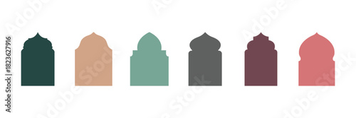 Set of Islamic shape window frame in flat style . Collection of oriental style Islamic ramadan kareem and eid mubarak windows and arches with modern style design, door mosque, mosque dome . 