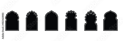 Collection of oriental style Islamic arches and windows. Islamic architecture elements. Shape Islamic door and window silhouette Arabic arch. Collection of patterns in oriental style. eps 10 