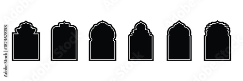 Collection of oriental style Islamic arches and windows. Islamic architecture elements. Shape Islamic door and window silhouette Arabic arch. Collection of patterns in oriental style. eps 10 
