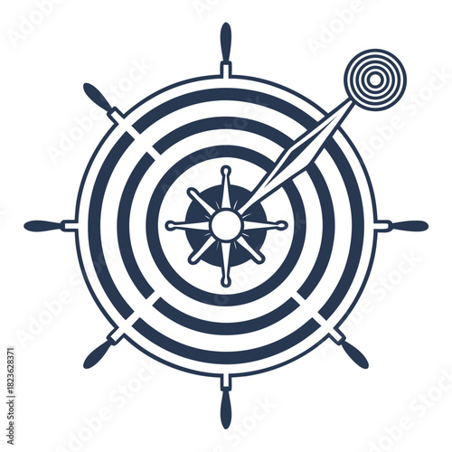 A stylized navy blue ship s wheel with a compass rose at its center and a navigational arrow pointing upwards representing direction and adventure