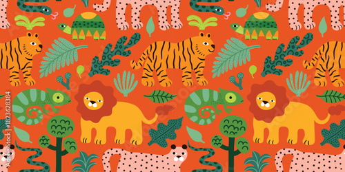 Seamless jungle pattern with lion, tiger, leopard, chameleon, turtle, tropical leaves. Bright cute funny  summer illustration, orange background, green and yellow colors. Vector seamless texture.