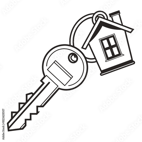 A simple outline illustration of a house shaped keychain attached to a single key symbolizing home ownership real estate and property