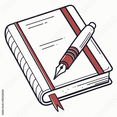 A simple hand drawn illustration of an open notebook with a fountain pen resting on its pages ready for writing or journaling