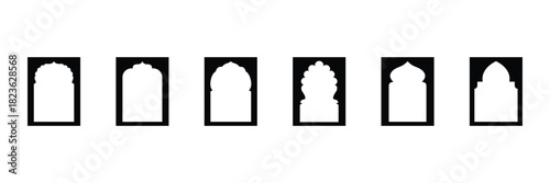  Set of black silhouette eid mubarak decorative arches, mosque borders or moroccan gates. Perfect for Eid, Ramadan, Diwali, and festive invitations. eps 10  