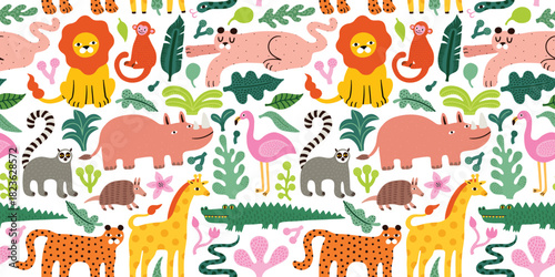 Seamless jungle pattern with lion, giraffe, leopard, crocodile, flamingo, tropical leaves. Bright cute funny  summer illustration, white background, green and pink colors. Vector seamless texture.