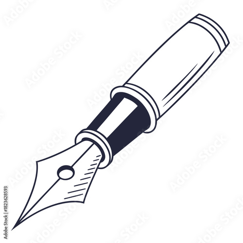 A classic black and white illustration of a vintage fountain pen with a sharp nib and a sleek barrel isolated on a white background symbolizing writing and creativity